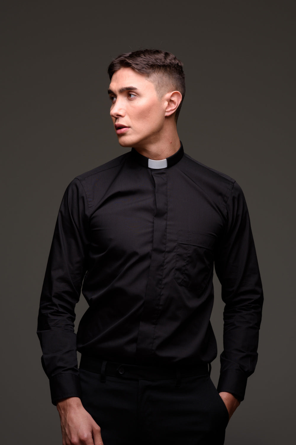 clergy dress shirts Mens Long Sleeve Standard Cuff Tab Collar Clergy Shirt (Dark Grey) | Size: 20